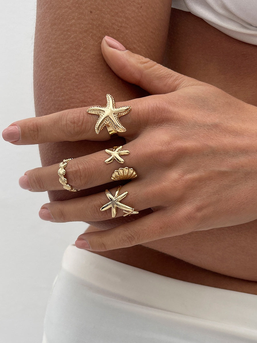 1 set of 4 summer starfish rings with adjustable opening for seaside holiday alloy rings