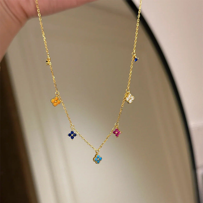 Rainbow four-leaf clover flower tassel necklace summer new exquisite light luxury clavicle chain