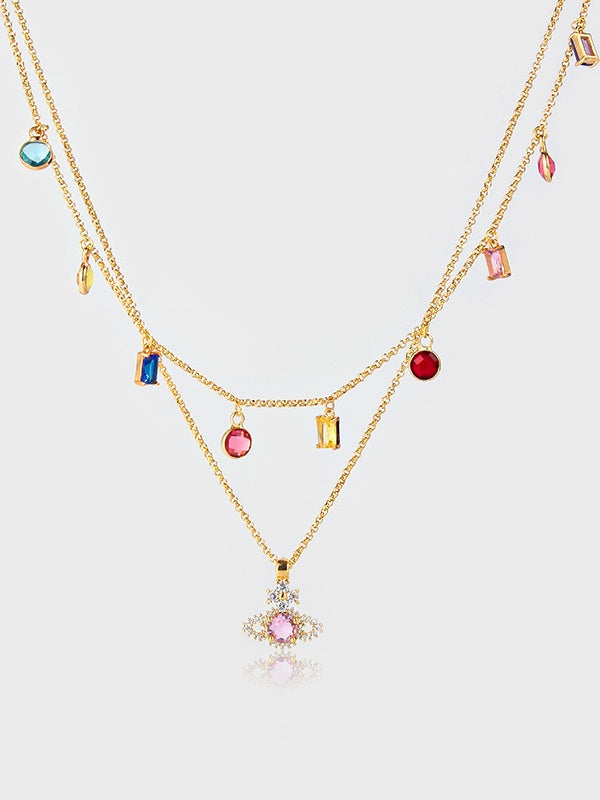 Stacked shiny Saturn zircon pendant clavicle chain ins style sweet and cool temperament versatile necklace for women