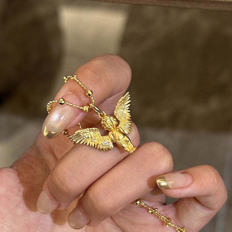 Retro style cute little angel pendant female new style golden wings exquisite personality necklace