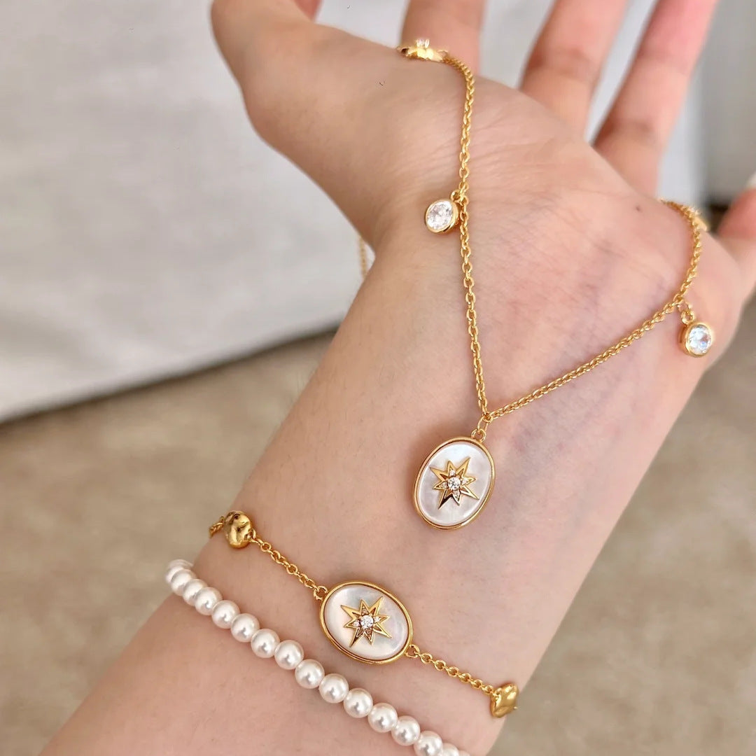 Medieval old money style natural mother-of-pearl star necklace light luxury simple shell lucky star bracelet set