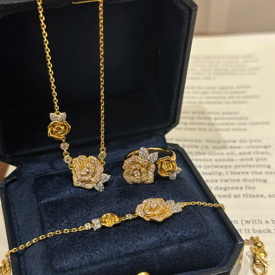 French retro full diamond twin rose necklace female light luxury temperament camellia bracelet old flower ring