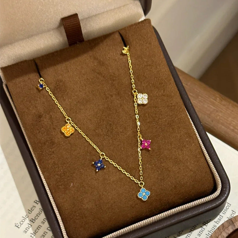 Rainbow four-leaf clover flower tassel necklace summer new exquisite light luxury clavicle chain