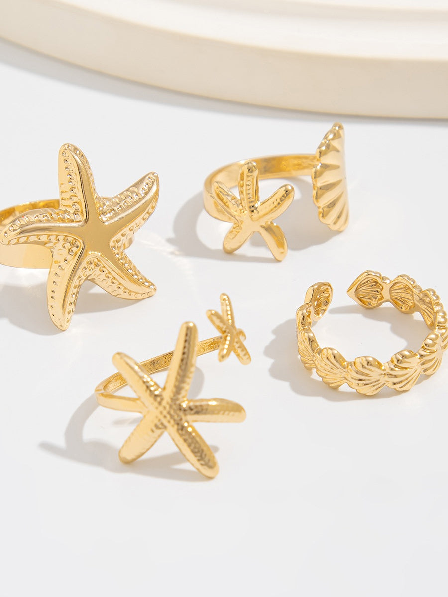 1 set of 4 summer starfish rings with adjustable opening for seaside holiday alloy rings