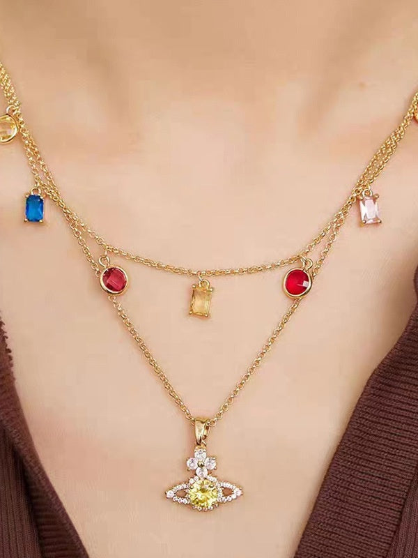 Stacked shiny Saturn zircon pendant clavicle chain ins style sweet and cool temperament versatile necklace for women