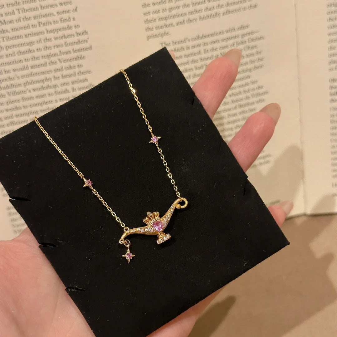 Sweetheart leader Aladdin magic lamp necklace female light luxury style brushed flash micro-inlaid dynamic pink diamond pendant clavicle chain