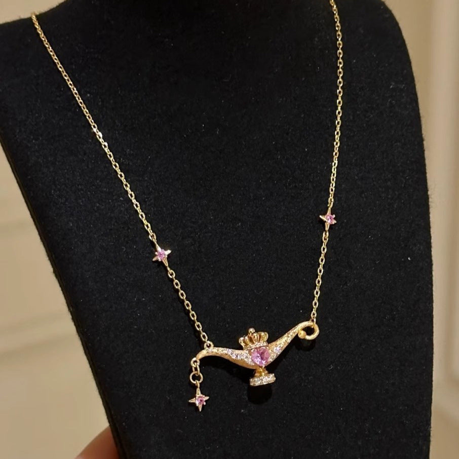 Sweetheart leader Aladdin magic lamp necklace female light luxury style brushed flash micro-inlaid dynamic pink diamond pendant clavicle chain