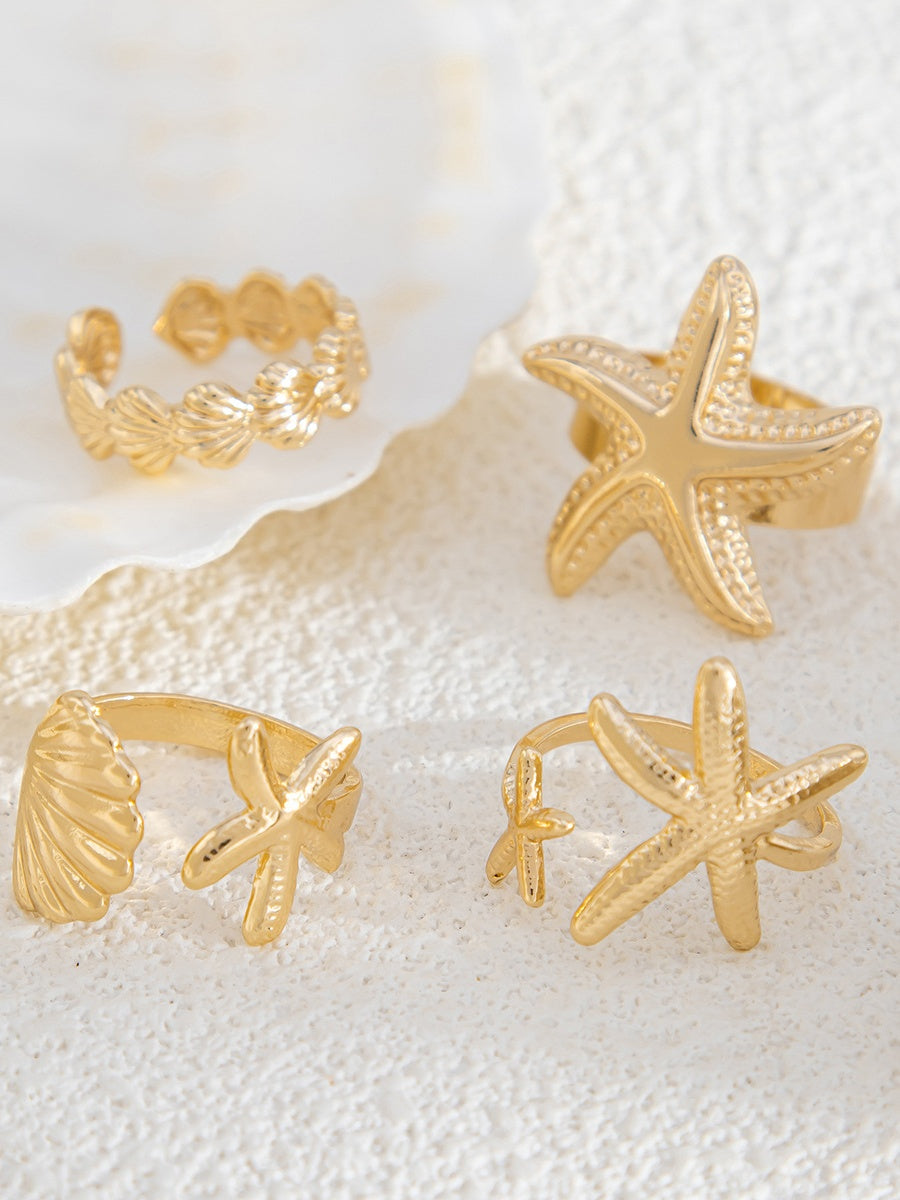 1 set of 4 summer starfish rings with adjustable opening for seaside holiday alloy rings