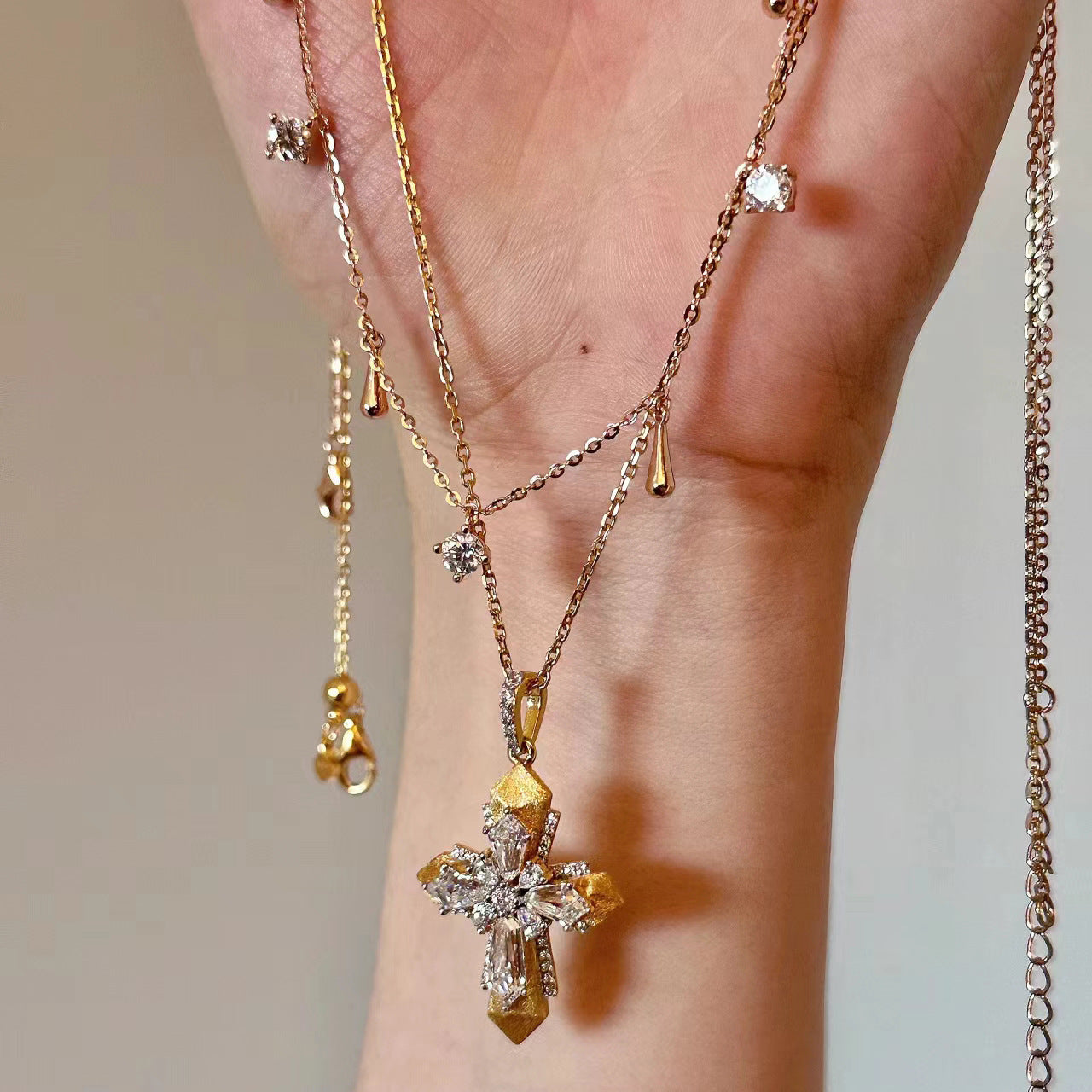 Italian brushed cross gold pendant vintage Rupert's tears stacking necklace