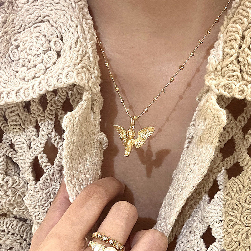 Retro style cute little angel pendant female new style golden wings exquisite personality necklace