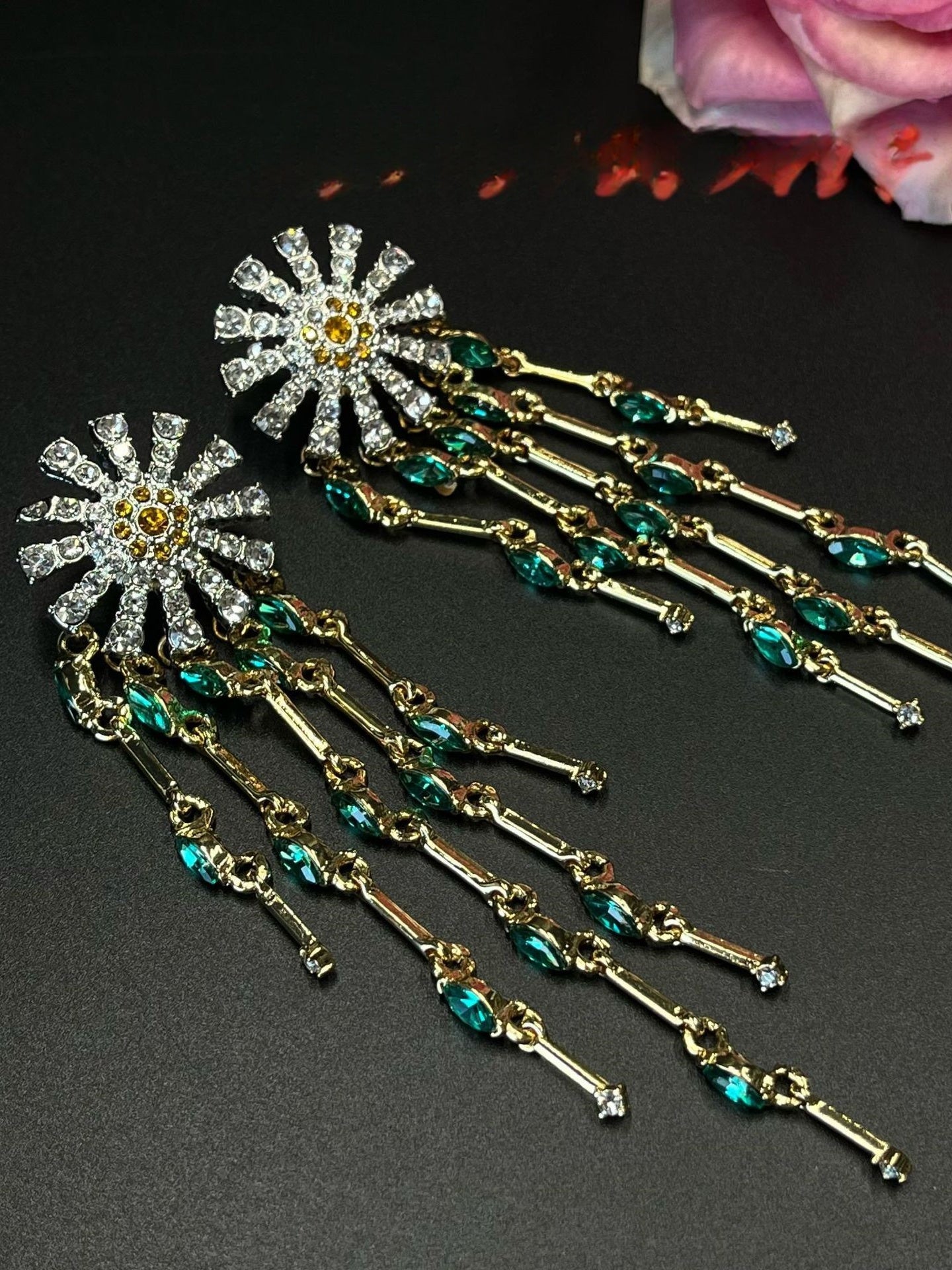 Sunflower flower diamond tassel earrings high-end vintage earrings