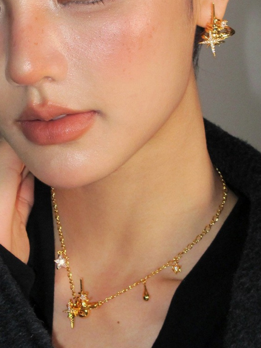 Small star surrounded by star track shining star necklace female new clavicle chain earrings