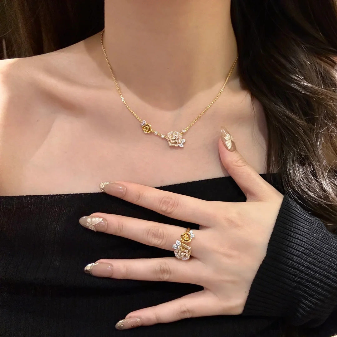 French retro full diamond twin rose necklace female light luxury temperament camellia bracelet old flower ring