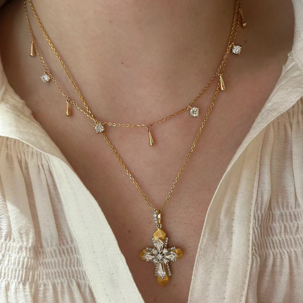 Italian brushed cross gold pendant vintage Rupert's tears stacking necklace