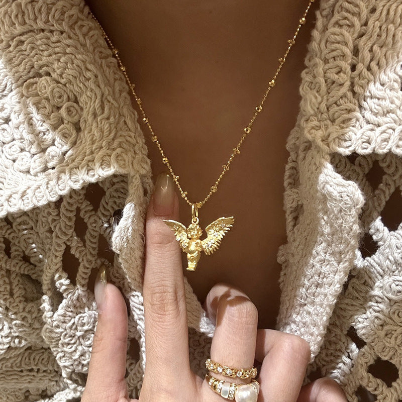 Retro style cute little angel pendant female new style golden wings exquisite personality necklace