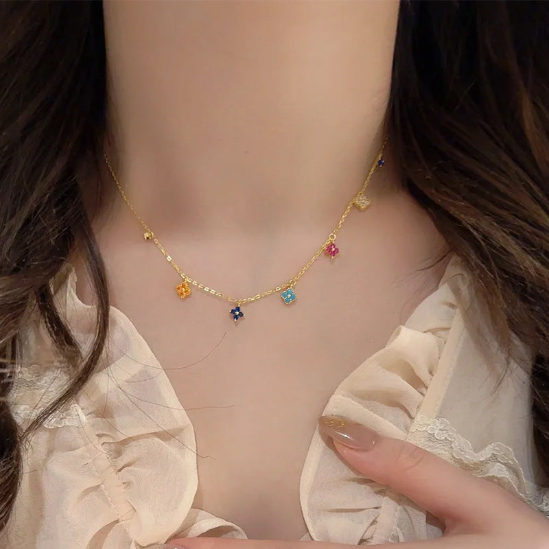 Rainbow four-leaf clover flower tassel necklace summer new exquisite light luxury clavicle chain