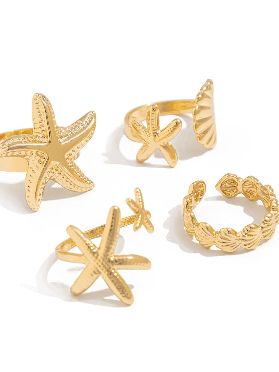 1 set of 4 summer starfish rings with adjustable opening for seaside holiday alloy rings