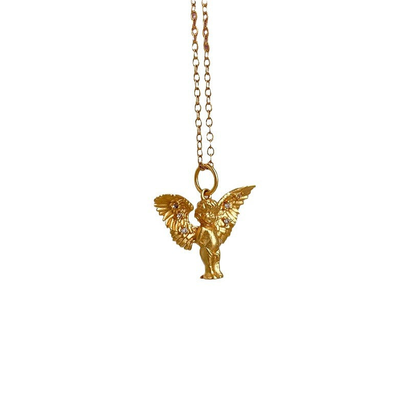 Retro style cute little angel pendant female new style golden wings exquisite personality necklace
