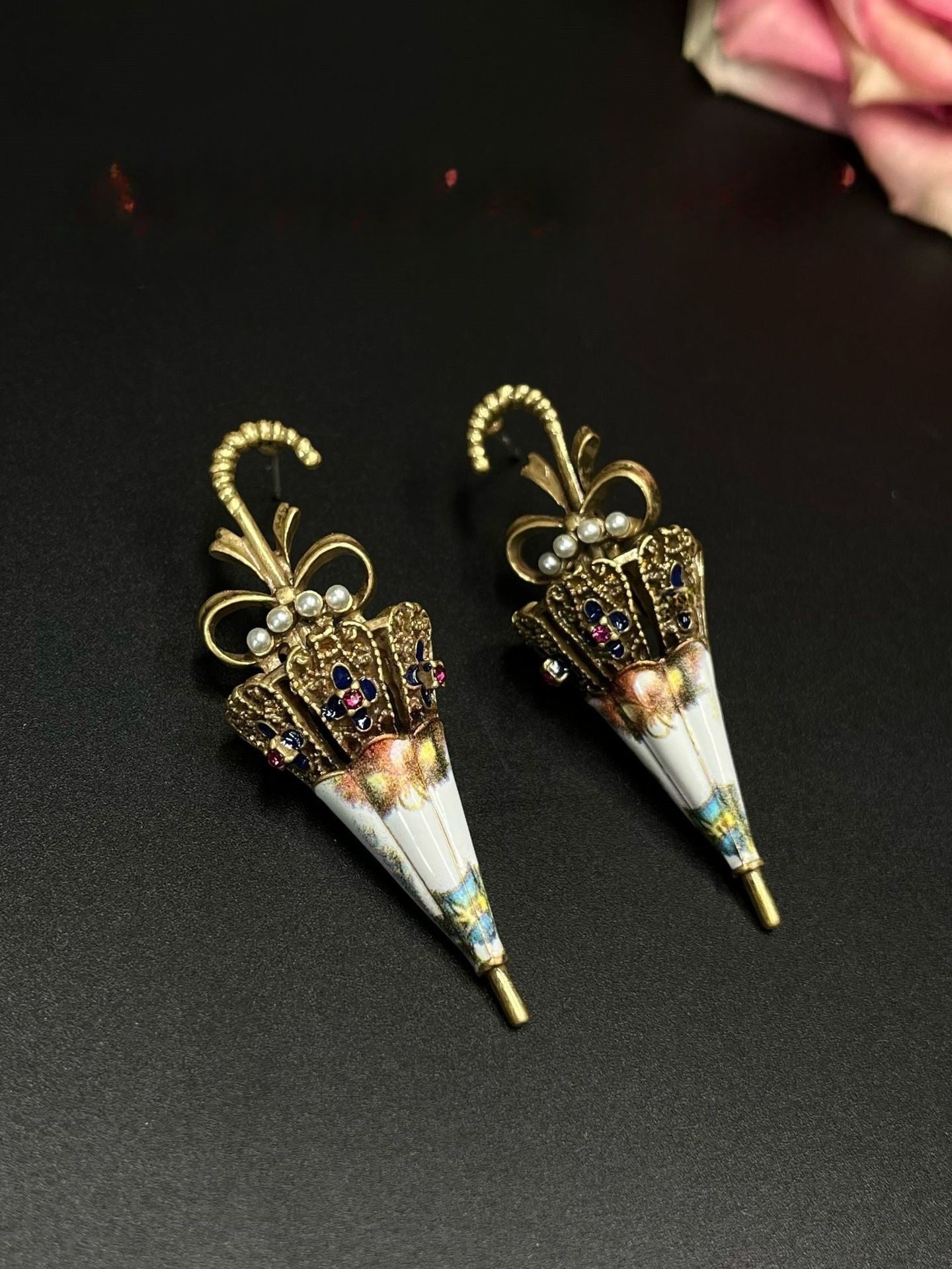 vintage palace style heavy umbrella earrings retro western antique medieval accessories