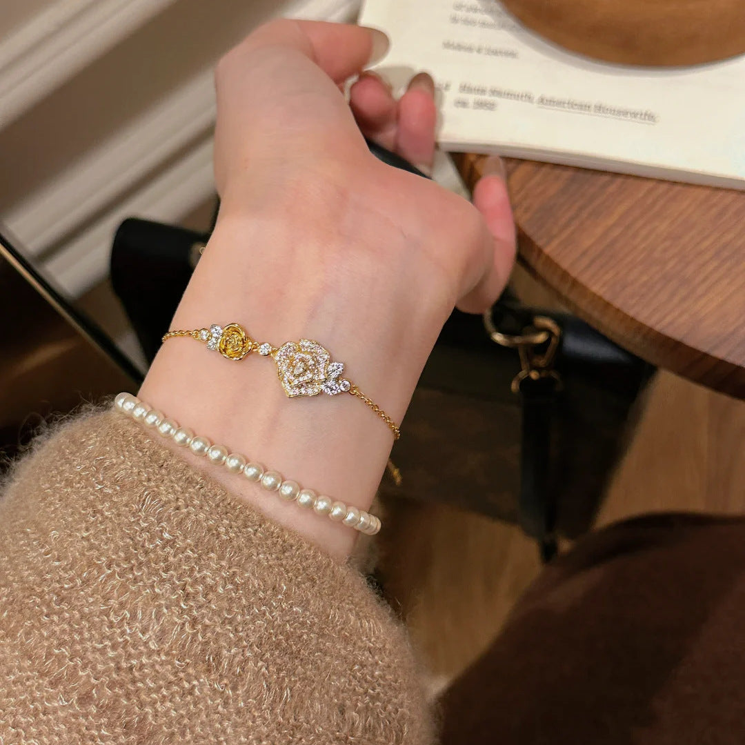 French retro full diamond twin rose necklace female light luxury temperament camellia bracelet old flower ring