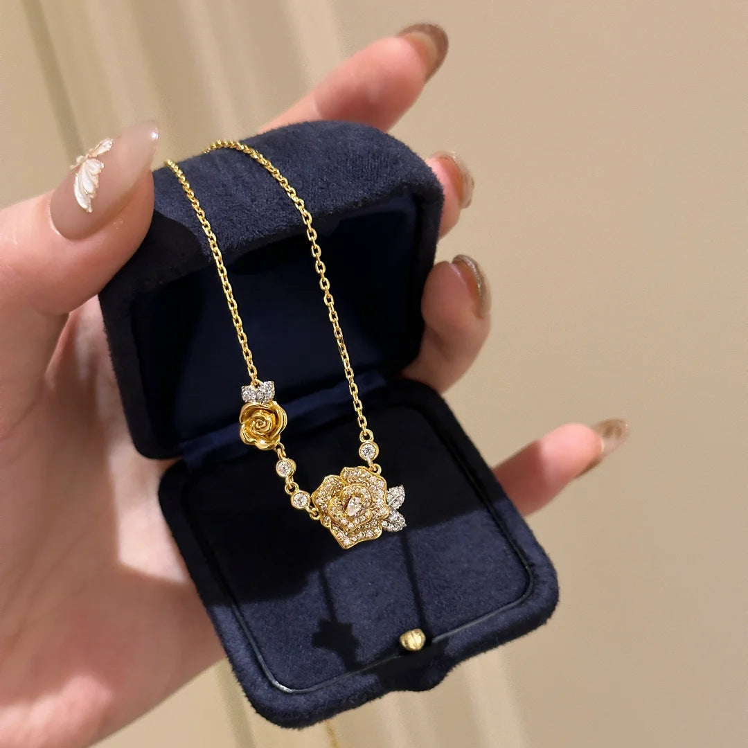 French retro full diamond twin rose necklace female light luxury temperament camellia bracelet old flower ring