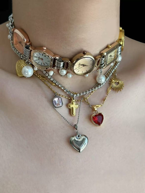 A set of retro punk metal style personalized handmade choker and necklace cross love clock personality