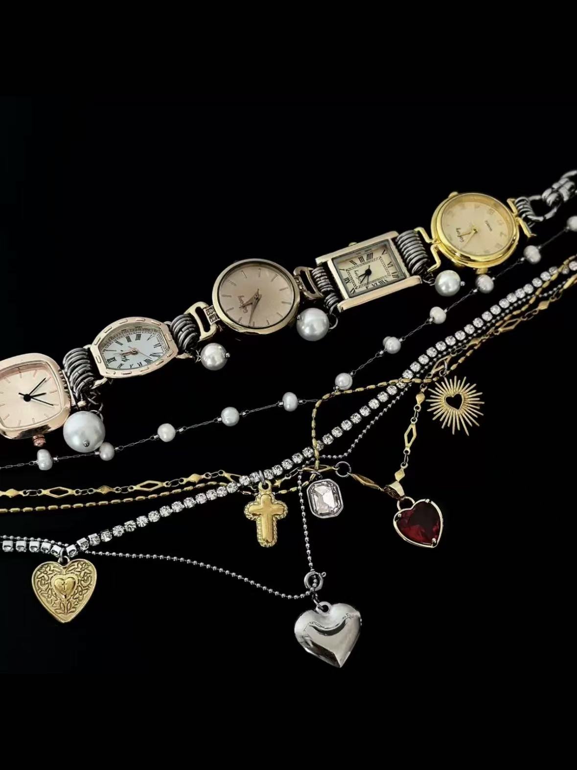 A set of retro punk metal style personalized handmade choker and necklace cross love clock personality