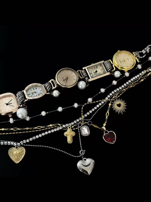 A set of retro punk metal style personalized handmade choker and necklace cross love clock personality