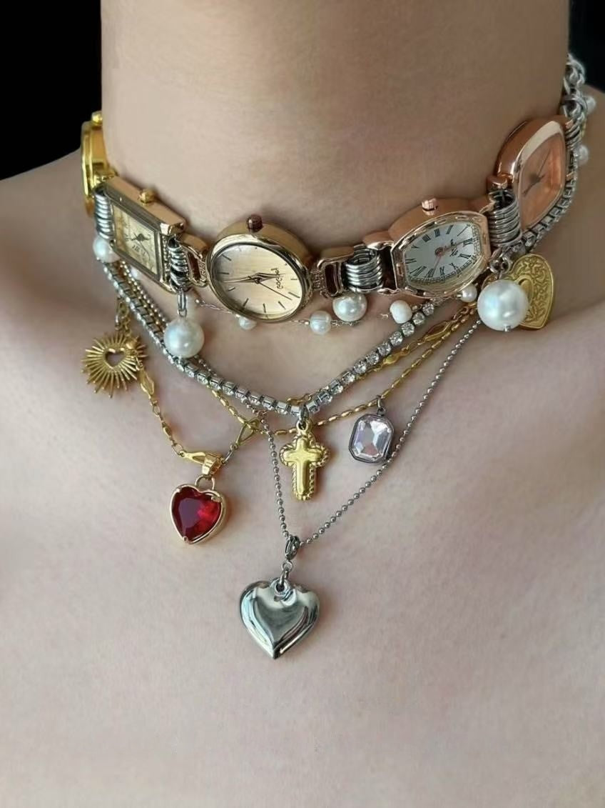 A set of retro punk metal style personalized handmade choker and necklace cross love clock personality