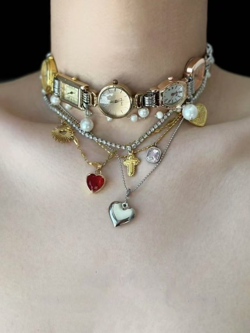 A set of retro punk metal style personalized handmade choker and necklace cross love clock personality